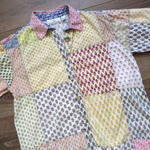 Sacred Threads Patchwork Button Down Shirt Pattern Cotton Block Print Boho Small